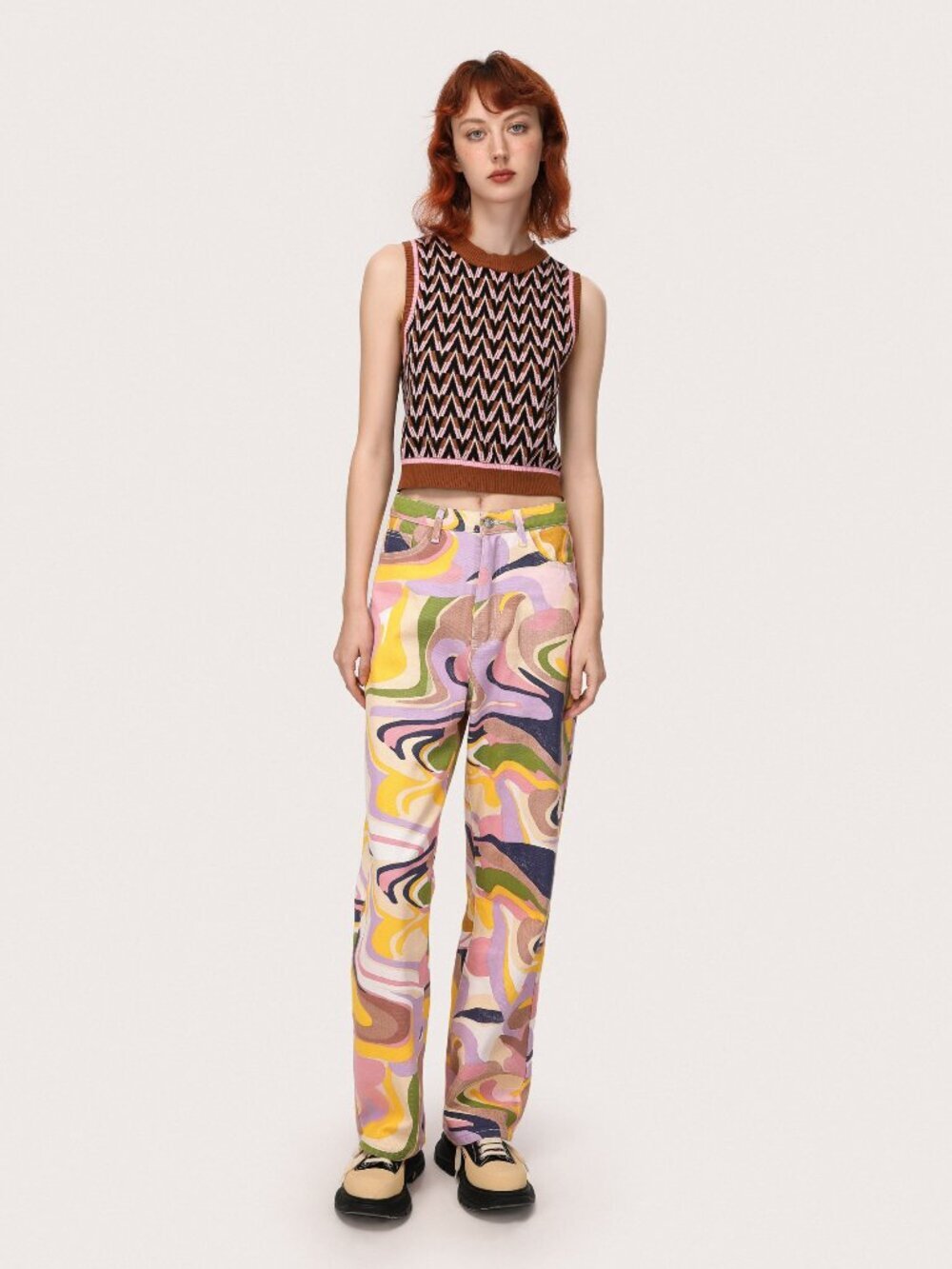 ZARA Groovy Marble Wave Patterned High Rise Straight Leg Jeans, Size 4/26